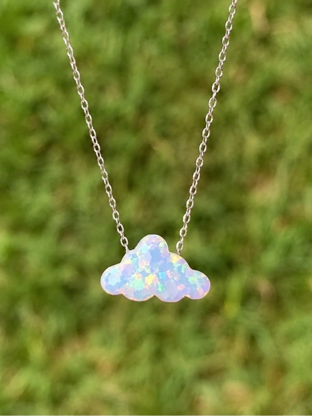 “White Opal Cloud” Rainbow Iridescent Glittery Cumulus Sky Weather 925 Necklace